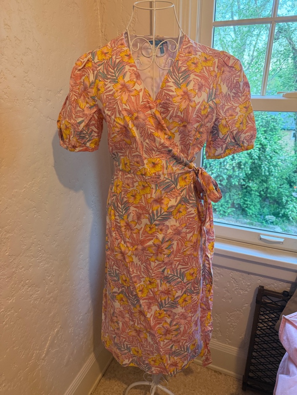 Draper James Pink Floral Wrap Midi Dress with Yellow Blooms and Green Leaves